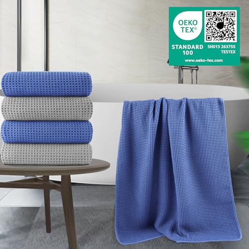 POLYTE 430 GSM Poly Blend Microfiber Quick Dry Waffle Bath Towel, 30x60 in | 4 Pack, Oversize, Lint Free, Body Towel - color: Light Gray,royal Blue