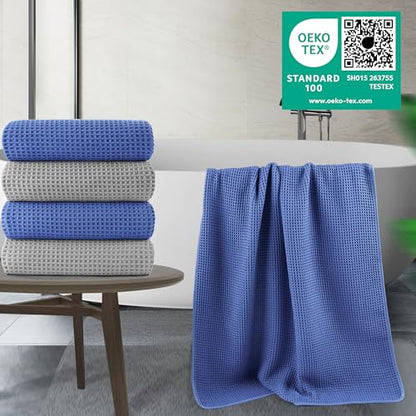 POLYTE 430 GSM Poly Blend Microfiber Quick Dry Waffle Bath Towel, 30x60 in | 4 Pack, Oversize, Lint Free, Body Towel - color: Light Gray,royal Blue