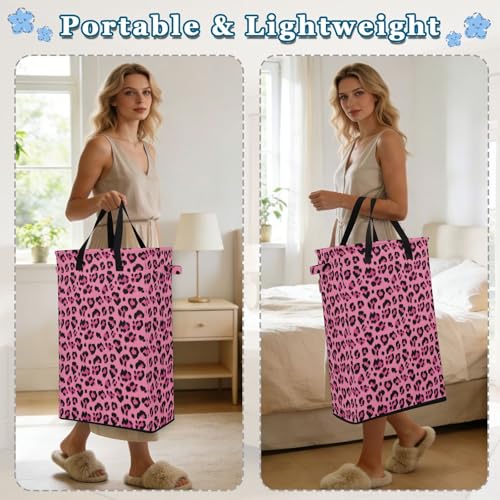Rose Leopard Cheetah Laundry Hamper Dirty Clothes Laundry Basket Bin for Bedroom Bathroom with Handles Slim Tall Collapsible Waterproof Freestanding 48L - color: Rose Leopard cheetah
