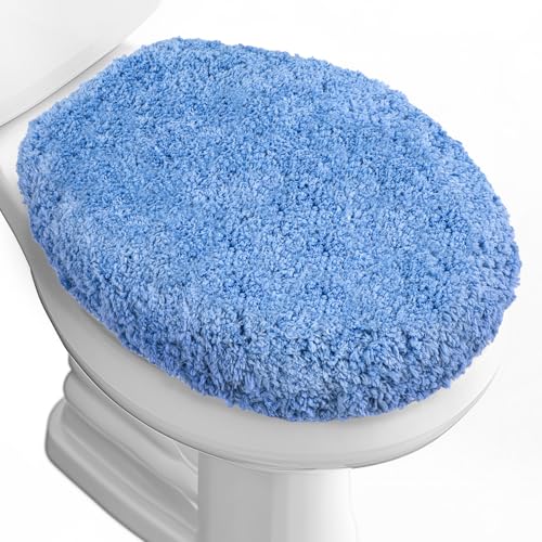 Soft Microfiber Toilet Lid Cover 17.5" x 15" Machine Washable | Solid Toilet Seat Cover Adjustable Rubber Backing Fits Most 16 -17.5" L x 14-16" W Round Oblong and Elongated Toilet Seat - color: Light Blue