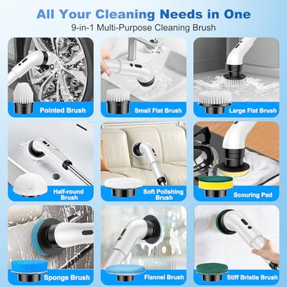 Electric Spin Scrubber, Cordless Shower Scrubber with 9 Scrub Brushes, 2 Speed & Battery Level Display, Adjustable Extension Handle Power Scrubber for Bathroom Tile Tub Floor