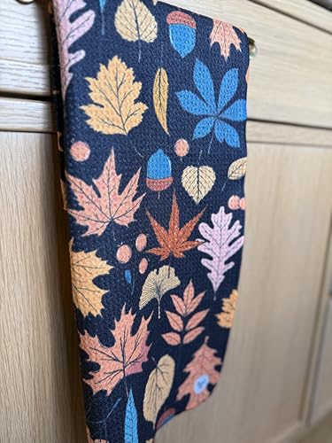 Kitchen Towels, Dish Towels for Kitchen, 2 Pc Kitchen Towel Set | Microfiber Waffle Towels, 16 x 26 inches, with Hanging Loops, Reusable Tea Towels, Cute Kitchen Towels - 2 Pack - color: Fall Leaves Black