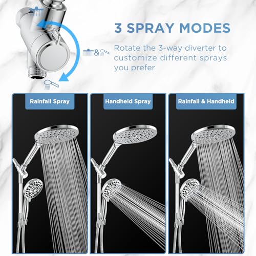 MakeFit Dual Handheld Shower Head Combo, 2-in-1 Rain Shower Heads System 8 Inch Rainfall Shower Head and 10 Modes High Pressure Hand Held Showerhead with Built-in Power Wash - color: Chrome, size: 8 Inch Standard