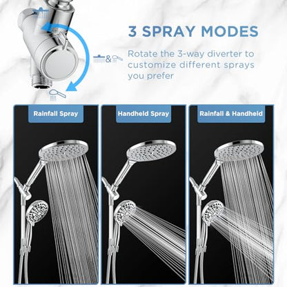 MakeFit Dual Handheld Shower Head Combo, 2-in-1 Rain Shower Heads System 8 Inch Rainfall Shower Head and 10 Modes High Pressure Hand Held Showerhead with Built-in Power Wash - color: Chrome, size: 8 Inch Standard