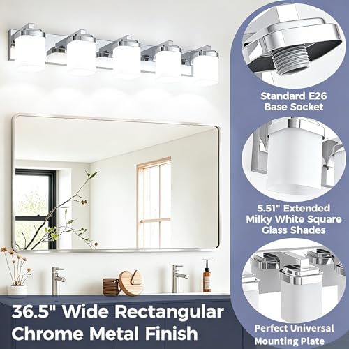 36.5 Inches Bathroom Vanity Light, 5-Light Chrome Bathroom Light Fixtures Over Mirror, Bathroom Light Shower Lamp with Milky White Square Glass Shade, Modern Farmhouse Lighting Fixtures - color: Chrome, size: 36.5 Inch : 5-lights