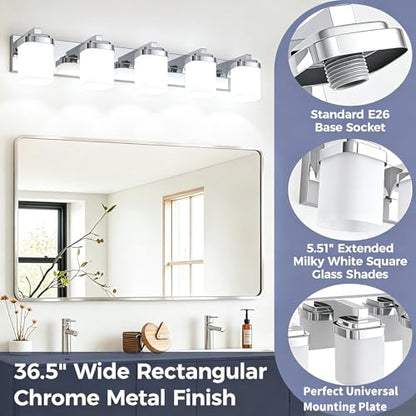 36.5 Inches Bathroom Vanity Light, 5-Light Chrome Bathroom Light Fixtures Over Mirror, Bathroom Light Shower Lamp with Milky White Square Glass Shade, Modern Farmhouse Lighting Fixtures - color: Chrome, size: 36.5 Inch : 5-lights
