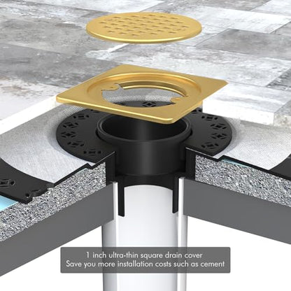 4” Shower Drain Grate Kit with Flange, Fits Schluter Kerdi-Drain | Square Shower Drain with 2 Inch ABS Flange, Adjustable Collar, SUS 304 Stainless Steel Grate, For Bathroom, Brushed Brass - color: Brushed Brass, size: 4 Inch Kit with Flange