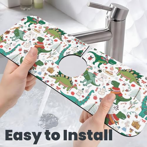 Dinosaur Christmas Happy New Year Kitchen Sink Splash Guard Faucet Mat Super Absorbent Fast Drying Mat Sink Gadgets-Fast Drying Pad Sink Mat For Kitchen Bathroom (15" X 5.5" ) - color: Dinosaur