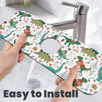 Dinosaur Christmas Happy New Year Kitchen Sink Splash Guard Faucet Mat Super Absorbent Fast Drying Mat Sink Gadgets-Fast Drying Pad Sink Mat For Kitchen Bathroom (15" X 5.5" ) - color: Dinosaur