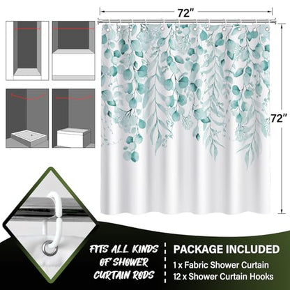 KAIRA Teal Eucalyptus Shower Curtain, Watercolor Plant Leaves with Natural Bathroom Shower Curtain,72" W x 72" L, Waterproof and Durable Polyester Fabric, Easy to Clean,Includes 12 Hooks - color: Teal
