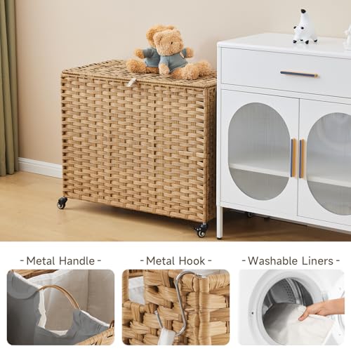 Laundry Hamper with Wheels, 52.8 Gallon(200L) Rolling Laundry Basket with Lid, Removable Large 3 Color Liners & 3 Mesh Laundry Bags, Clothes Hamper with Side Pocket, Natural - color: Natural, size: 31.5"L x 15.75"W x 25.6"H