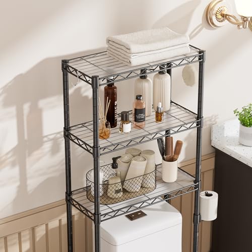 Over The Toilet Storage Shelf 3-Tier Bathroom Organizer and Storage Shelf | with Adjustable Shelf and Basket Freestanding Space Saver Above Toilet for Room Black
