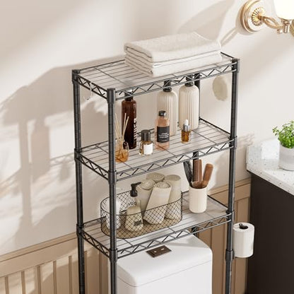 Over The Toilet Storage Shelf 3-Tier Bathroom Organizer and Storage Shelf | with Adjustable Shelf and Basket Freestanding Space Saver Above Toilet for Room Black
