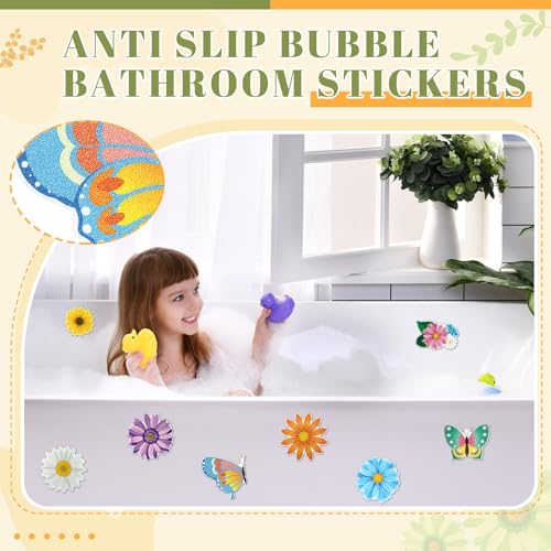 Fullhawl 30 Pcs Butterfly Sun Flower Non Slip Bathtub Stickers 4.72 x 4.72 Inch Anti Slip Shower Floor Sticker Applique Adhesive Decals Treads with Scraper for Bathtub Bathroom Shower Floor - style: Floral