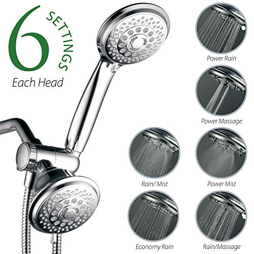 Hotel Spa AquaStorm 30-Setting 3-Way High Pressure Luxury Shower Head Combo | Use Dual 6-mode Overhead & Handheld Heads separately or together! SpiralFlow Design with Water-saving Economy mode / Chrome - color: Chrome - 6 ft Hose