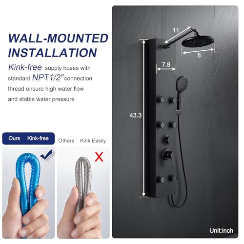 ROVATE Shower Panel Tower System with Adjustable 6 Body Jets, Matte Black | Stainless Steel Shower Column with Height Adjustable Shower Arm, Self-Cleaning Rainfall Shower & Handheld, Rough-in Valve - color: Matte Black, style: 3-Function
