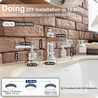 Chrome Widespread Waterfall Bathroom Faucet, Brass 3 Hole Bathroom Sink Faucet 4-16 Inch, 2 Handles with Supply Hose & Overflow Pop-Up Drain for Modern - color: Chrome - Fashion