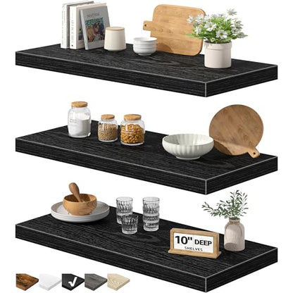 QEEIG 10" Deep Floating Shelves for Wall - 10 x 24 inch Book Shelf Bathroom Bedroom Kitchen Living Room Hanging Bookshelf Farmhouse Set of 3, Black (025-60B3) - color: B. Black, size: 23.6" x 10"
