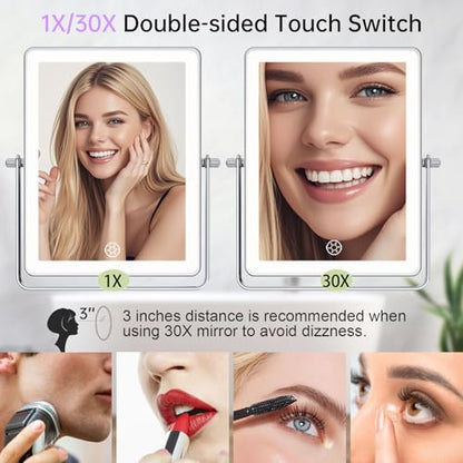 FASCINATE 8.7" 5000mAh Rechargeable Wall Mounted Makeup Mirror (Chrome) | Double Sided Touch Switch 1X 30X Magnifying Bathroom Mirror, 3 Color Lights Dimmable Extended Arm 360°Rotation - color: Chrome C