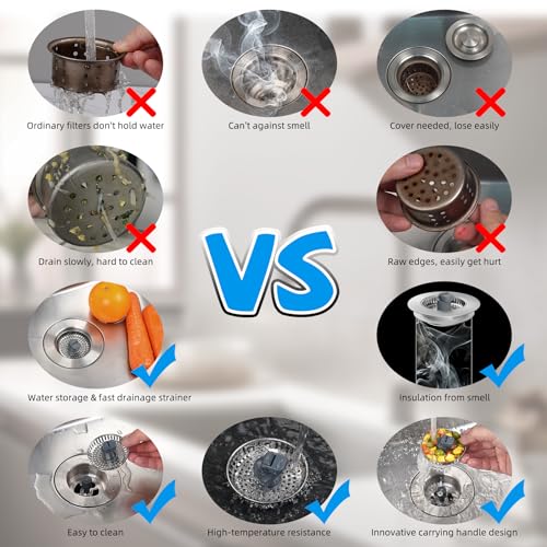 Hibbent 3 in 1 Kitchen Sink Drain Strainer, Stainless Steel Wrapped Shell Drain Stopper Combo, Pop Up Sink Stopper, 3 Anti-Clogging Metal Basket Strainer with Handle for US Standard 3-1/2" Drain - style: SUS304 Drain Part with 3 SUS304 Strainers