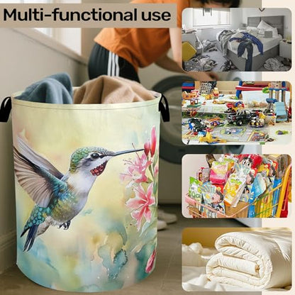 Summer Hummingbird Laundry Basket with Handles - Extra Large Foldable Hamper for Bathroom/Laundry/Bedroom/Dorm, Washable Fabric Storage Bin - color: Summer Hummingbird