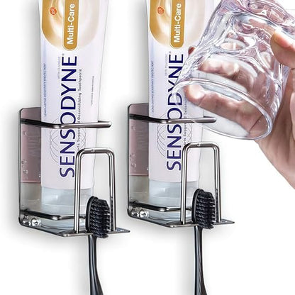 HANZE 2 Pack Toothbrush Holder 304 Stainless Steel Adhesive Wall Mounted 3 in 1 with Toothbrush Holder Toothpaste Holder and Cup Holder for Bathroom Shower - color: 2 Pack (3 in 1)
