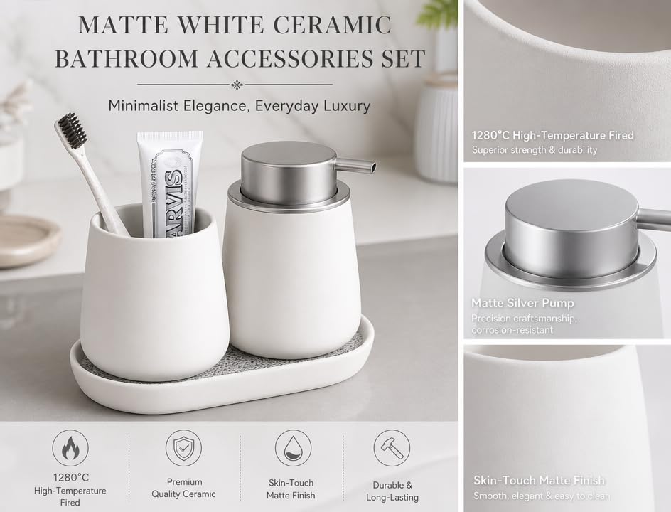 Ceramic Bathroom Accessories Set, 3 Pieces with Soap Dispenser, Toothbrush Holder, and Cup, Matte Black, Polished Finish (White) - color: White