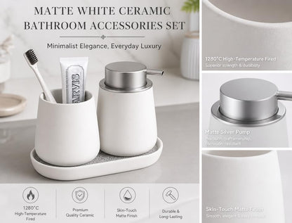 Ceramic Bathroom Accessories Set, 3 Pieces with Soap Dispenser, Toothbrush Holder, and Cup, Matte Black, Polished Finish (White) - color: White
