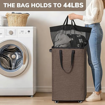 Goodpick 75L Collapsible Laundry Baskets with Removable Wash Bag and Wheels | Laundry Basket with Wheels, Rolling Laundry Hamper with Handle for College Dorm, Laundry Hamper on Wheels, Light Brown - color: Light Brown