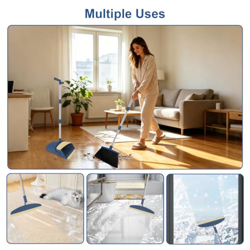 Broom and Dustpan Combo Set, 51" Long Handle with Squeegee & Mini Set | Blue Complete Cleaning Kit, Floor Squeegee for Wet & Dry Messes, Built-in Comb Dustpan, Mini Broom Set，for Home & Pet Areas - color: Blue