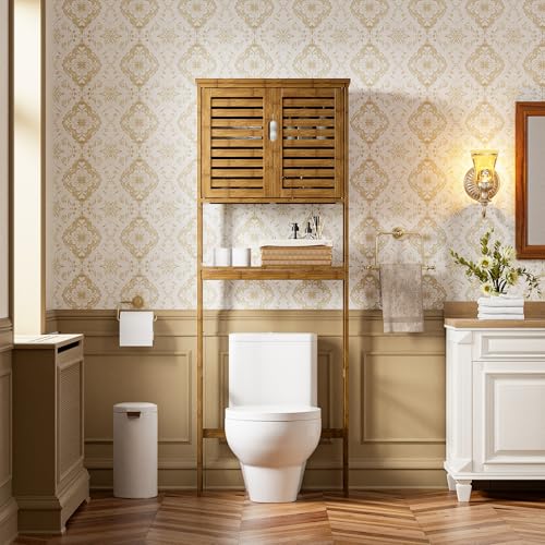 SMIBUY Bathroom Storage Shelf with Cabinet, Bamboo Over-The-Toilet Organizer Rack, Freestanding Toilet Space Saver with 3-Tier Adjustable Shelves (Walnut) - color: Walnut