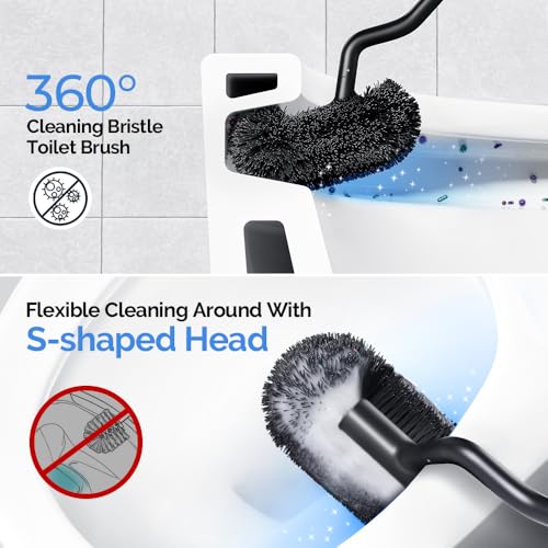 HAMITOR Toilet Brush and Holder Set Wall-Mounted Under Rim Deep Cleaning | Stainless Steel, Heavy Duty Curved Bristle, Space Saving Bowl Cleaner Brush, For Home RV Bathroom Accessories, Black, 1 Pack - color: Black