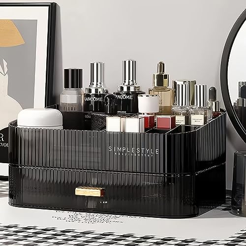 Makeup Organizer for Vanity, Large Desk Organizer with Stackable Drawer for Cosmetics, Skincare, Lipsticks, Palette, Nail Care, Ideal Storage for Dresser and Bathroom Countertop- Black - color: Clear Black, size: 1 Tray + 1 Drawer