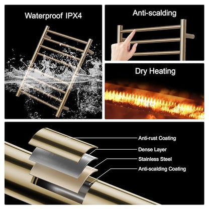 Electric Heated Towel Warmer - Wall Mounted Bathroom Towel Rack, Plug-in Design & Brushed Stainless Steel Finish 8 Bar Gold with Single Press - color: Gold With Single Press, size: 8 Bar