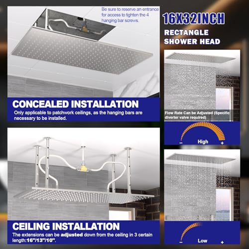 16" x 32" Luxury High Pressure Rain Shower Head, Ceiling Mount Rectangle Rainfall Showerhead with Silicone Nozzles Full Body Fixed Showerheads For Modern Bathroom, Brushed Nickel Plated Finish - color: Brushed Nickel, style: Rainfall(One Function)