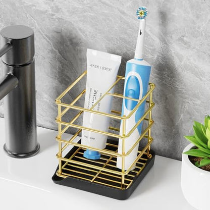 Toothbrush Holders for Bathroom,Gold,Stainless Steel,Detachable,Tray,3 Slot | Easy to Clean,Multifunctional,Kids Electric Toothbrush Organizer,Drainage,Removable,For Bathroom,Vanity,Kitchen Sink,Office - size: Gold