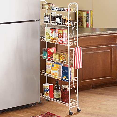 Collections Etc Slim Rolling Pantry 6-Tier Shelf, White Metal with Elegant Scroll Design Accent - Extra Kitchen and Bathroom Storage, 6" - size: 6"