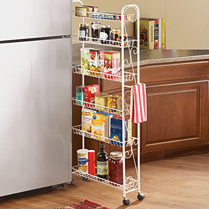 Collections Etc Slim Rolling Pantry 6-Tier Shelf, White Metal with Elegant Scroll Design Accent - Extra Kitchen and Bathroom Storage, 6" - size: 6"