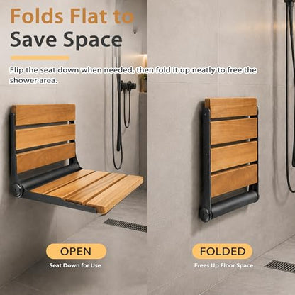 Folding Shower Seat Teak, Bath Safety Furniture Stainless Steel, Shower Seats for Elderly, Fold Down Shower Seat (Black) - color: Teak and Black Stainless Steel