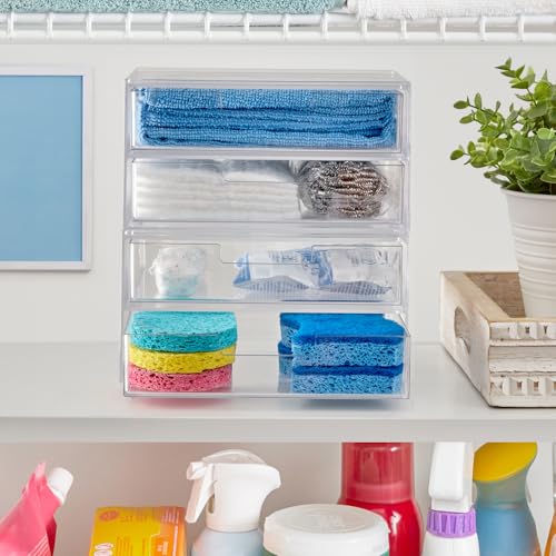 STORi Stackable Desk Drawer Organizer, Clear Pen Pencil Makeup Brush Holder for Desktops and Vanities, 4 Wide Drawers (Made in USA) - style: 7.5"W x 1.5"H Drawers (Set of 4)