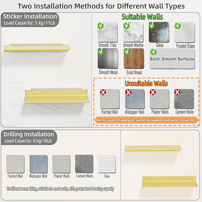 HNVNER Brushed Gold Floating Wall Shelves 2 Packs, Shower Shelf 15.7x4.9 | Anodized Aluminum, Rustproof, No Drilling Option, Adhesive Display Ledge for Bedroom, Living Room, Bathroom, Home Office - color: Brushed Gold, size: 15.6 x 4.9 inch