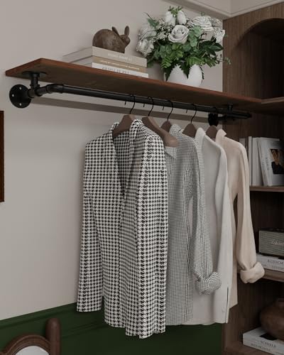 Clothes Rack 48in, Wall Mounted Garment Rack with Real Wood Shelf, Heavy Duty Hanging Clothes Rack, Multi-Purpose Hanging Rod, Space-Saving Closet Storage - color: Brown, size: 1T48IN