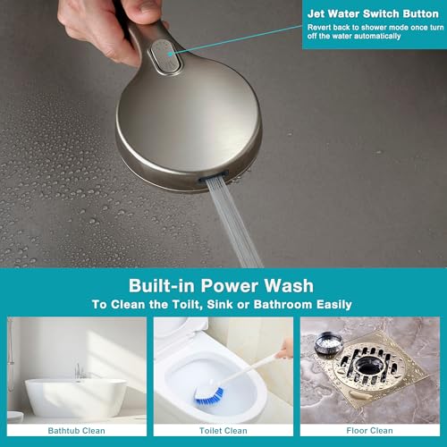 GwernKB Handheld Shower Head with ON OFF Switch & 79in Stainless Steel Hose | Brushed Nickel,Built-in Power Spray,7-mode High Pressure Spray with Bracket & Extra No Drilling Shower Holder for Lower Mount - color: Brushed Nickel