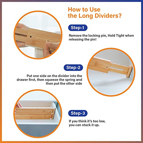 Adjustable Bamboo Drawer Dividers for Clothes, Kitchen Utensils, Office Desks, Bathroom Accessories, Socks and Underwear, and Personal Items, 4 Dividers with 4 Partitions