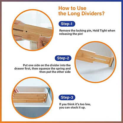 Adjustable Bamboo Drawer Dividers for Clothes, Kitchen Utensils, Office Desks, Bathroom Accessories, Socks and Underwear, and Personal Items, 4 Dividers with 4 Partitions
