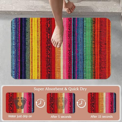 Mexican Bathroom Rugs,Bath Mats for Bathroom,Ethnic Stripes Rainbow Low Pile Absorbent Bath Mat,Rubber Backing Non Slip Washable Thin Quick Dry Door Mat 17x29.5 Inch - color: Mexican,ethnic Stripes Rainbow