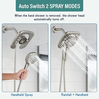 Magnetic Shower Faucet Set Dual 2 in 1 Shower System with Handheld Shower Spray 3-way Water Diverter Shower Trim Kit Rainfall Bathroom High Pressure 5 Setting without Tub Faucet Brushed Nickel - color: Brushed Nickel