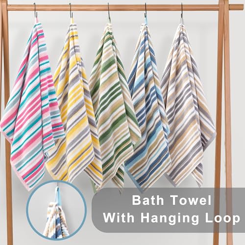 VOOVA & MOVAS Striped Towels 6 Pack, 100% Cotton, Pink Aqua | Bathroom & Guest Space, Available in 13x13, 16x27, 28x52 In, Quick Dry, Bath Towels with Hanging Loops, Absorbent - color: Pink + Aqua + Teal Striped, size: 6 PCS Bathroom Towels