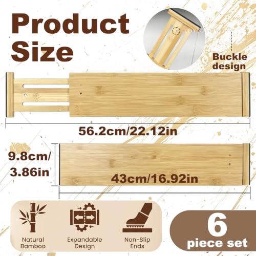 Joyeee Kitchen Drawer Dividers 6 Pack, 16.9-22.1" Adjustable Bamboo Drawer Organizer, 3.86" High Expandable Utensils Separators for Closet, Dresser, Bathroom, Bedroom, Office