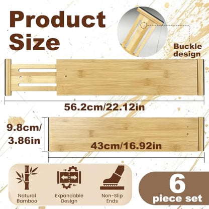 Joyeee Kitchen Drawer Dividers 6 Pack, 16.9-22.1" Adjustable Bamboo Drawer Organizer, 3.86" High Expandable Utensils Separators for Closet, Dresser, Bathroom, Bedroom, Office